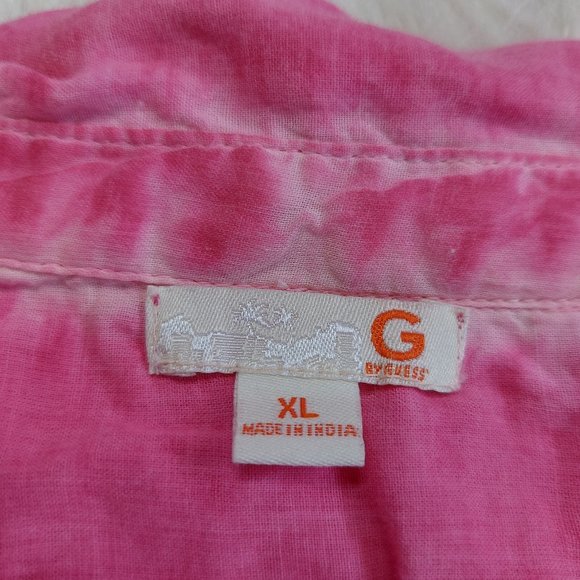 G by Guess Women's Pink Thai Dyed Long Roll Tab Sleeves Button Down Blouse Sz XL - Picture 7 of 8